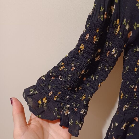 Reformation LouLou Mini Dress XL Ditsy Floral Venezia Black Ruched Square Neck - Picture 6 of 10